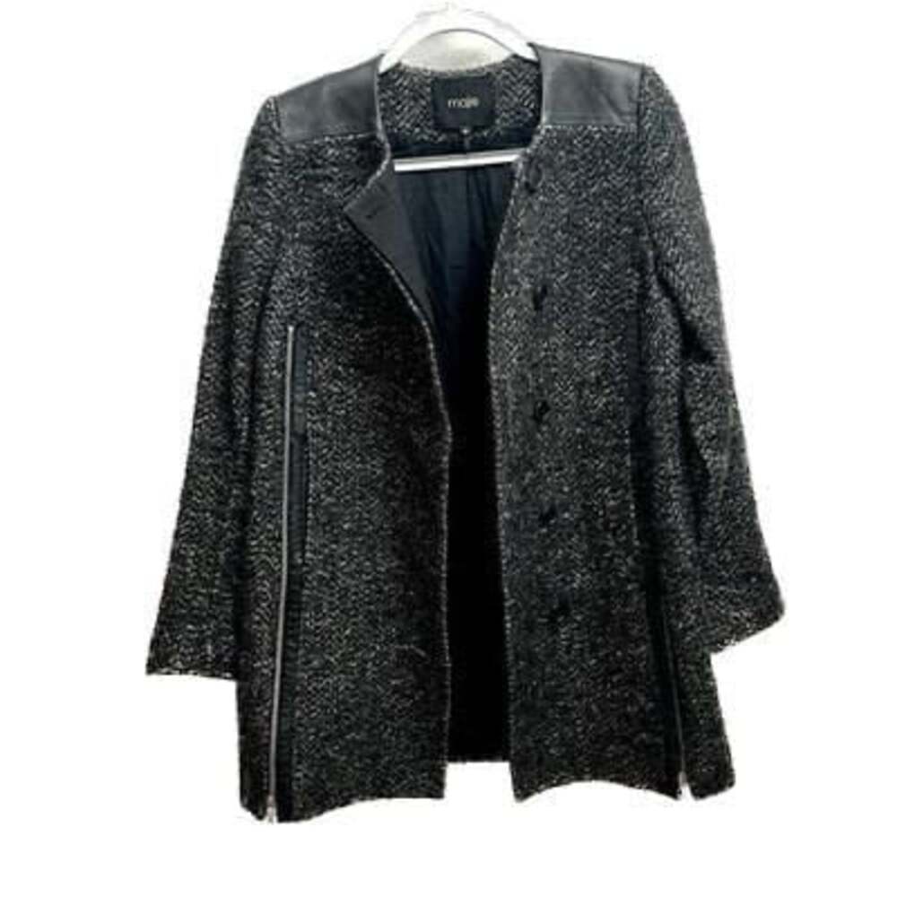 Maje Paris Wool Blend Coat Leather Trim Zip Pockets Black Sz 36